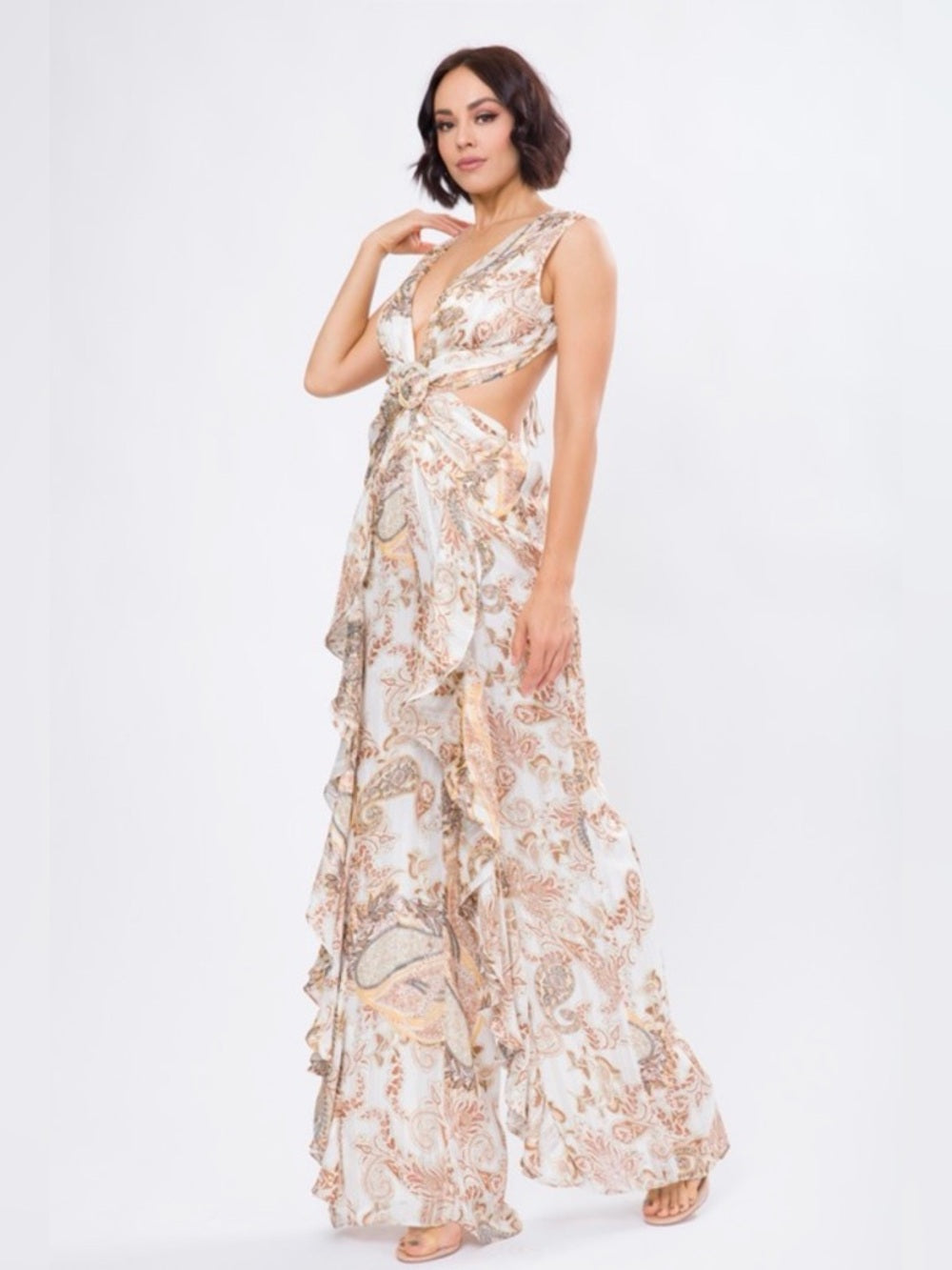 A301. Cream Paisley Wide-Leg Cut-out Jumpsuit