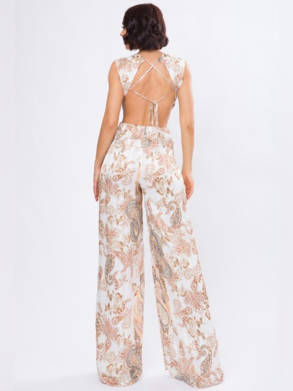 A301. Cream Paisley Wide-Leg Cut-out Jumpsuit