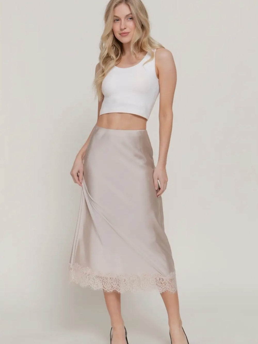 A302. Silk-Look Lace Hem Midi Skirt in Light Taupe