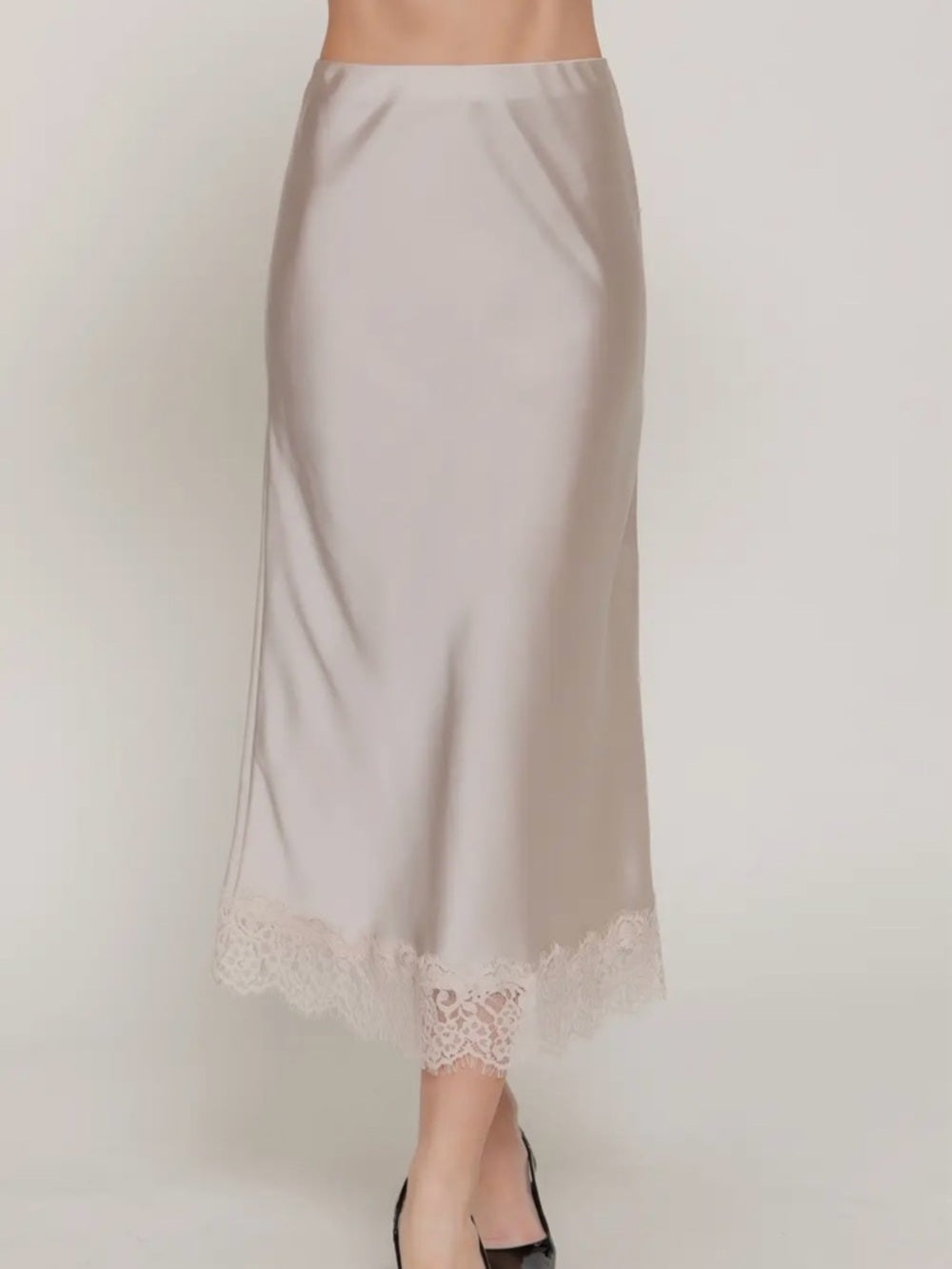 A302. Silk-Look Lace Hem Midi Skirt in Light Taupe