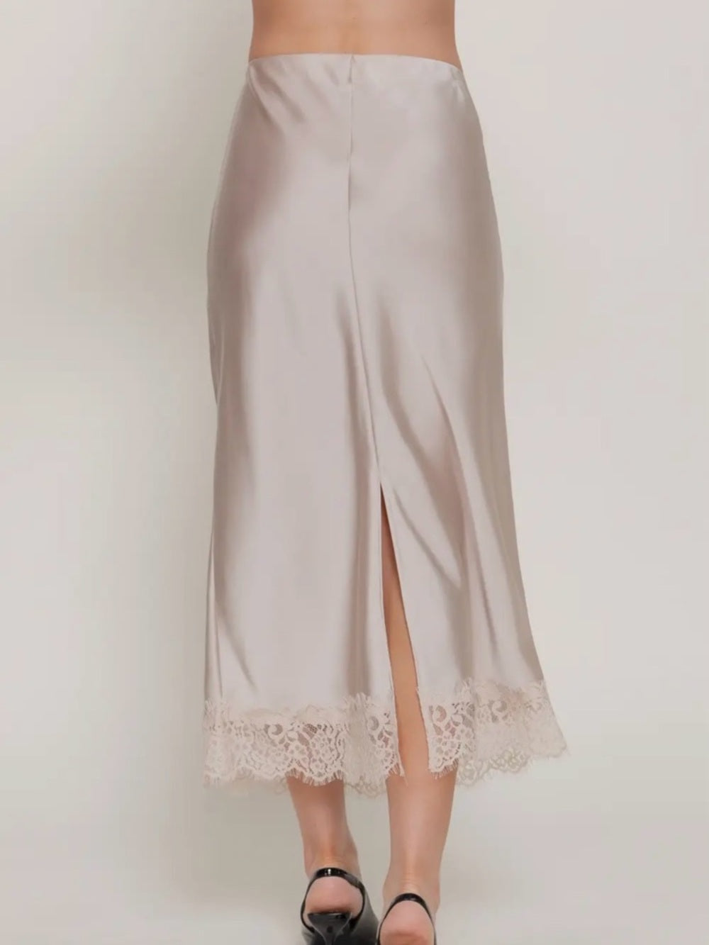 A302. Silk-Look Lace Hem Midi Skirt in Light Taupe