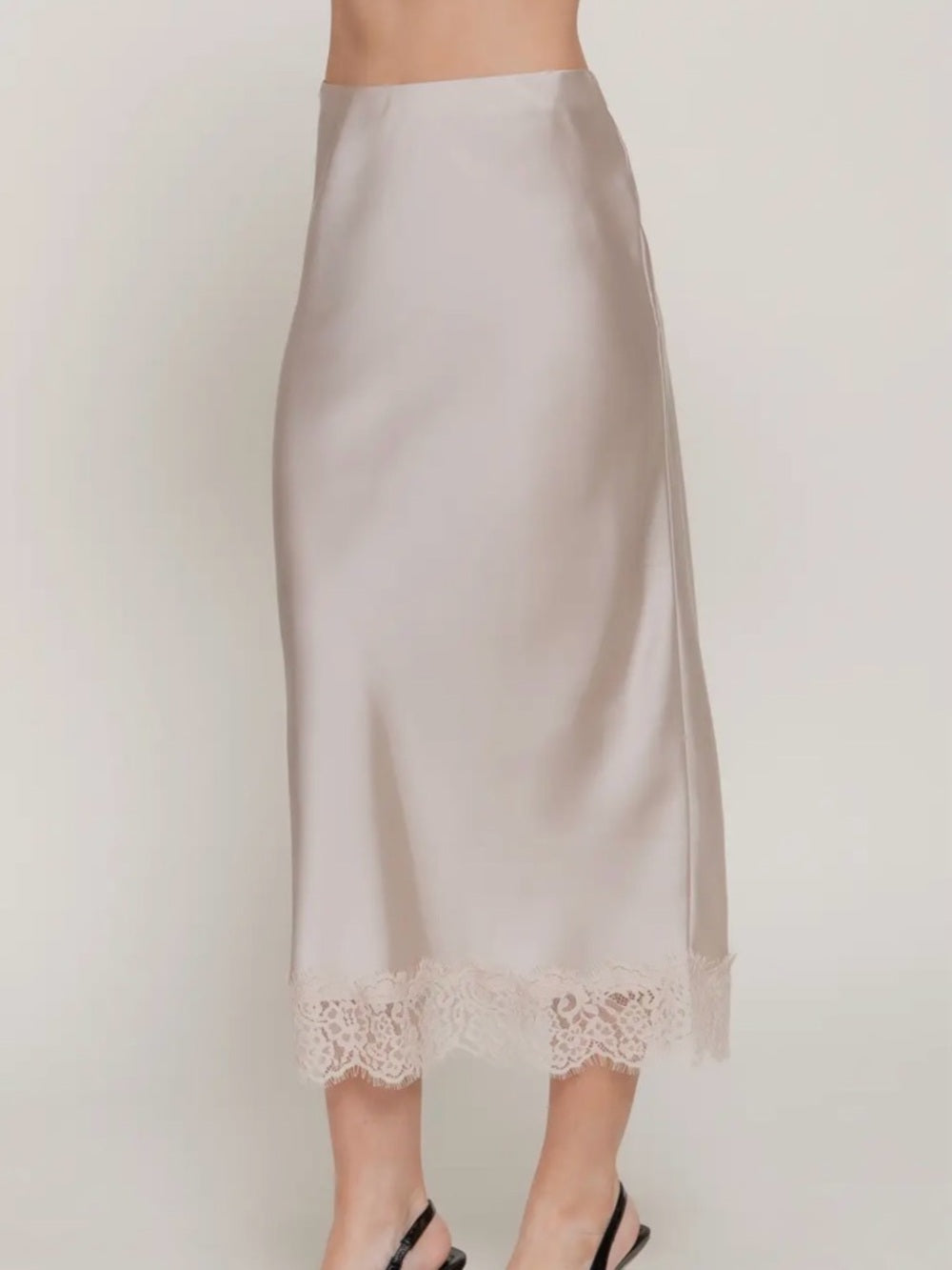 A302. Silk-Look Lace Hem Midi Skirt in Light Taupe