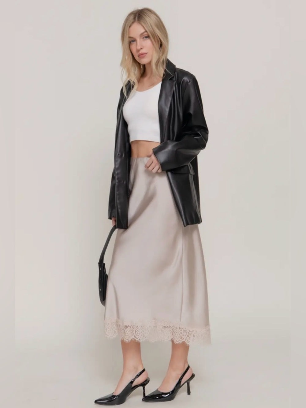 A302. Silk-Look Lace Hem Midi Skirt in Light Taupe