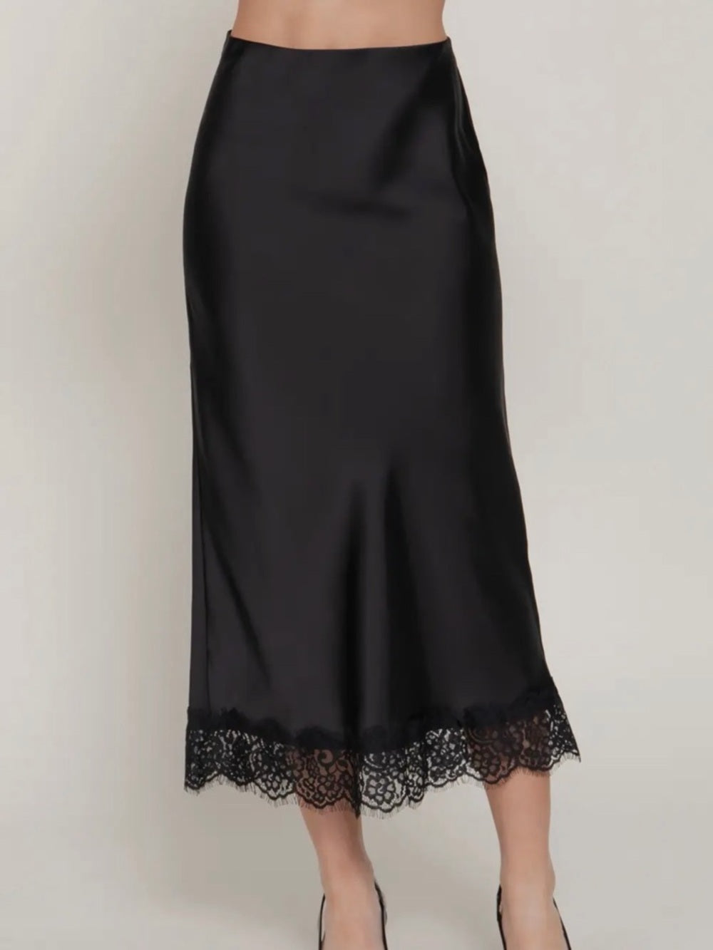 A303. Black Satin Midi Skirt with Lace Hem