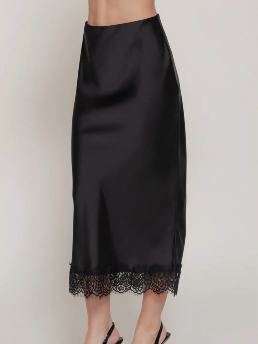 A303. Black Satin Midi Skirt with Lace Hem