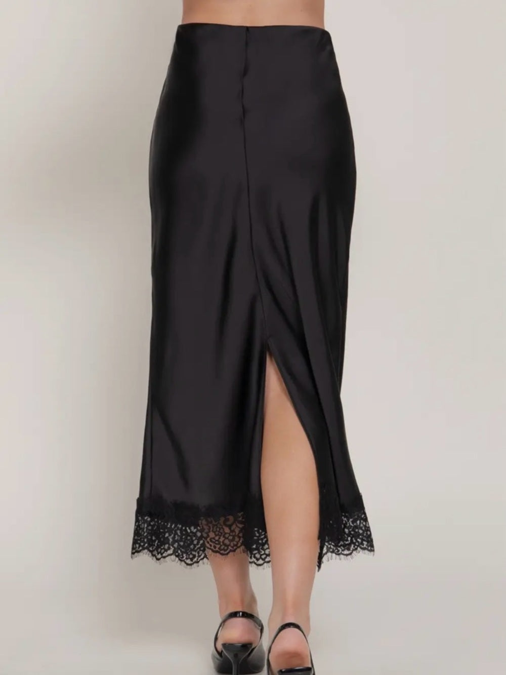 A303. Black Satin Midi Skirt with Lace Hem