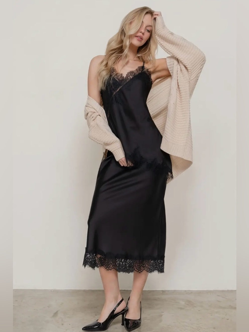 A303. Black Satin Midi Skirt with Lace Hem