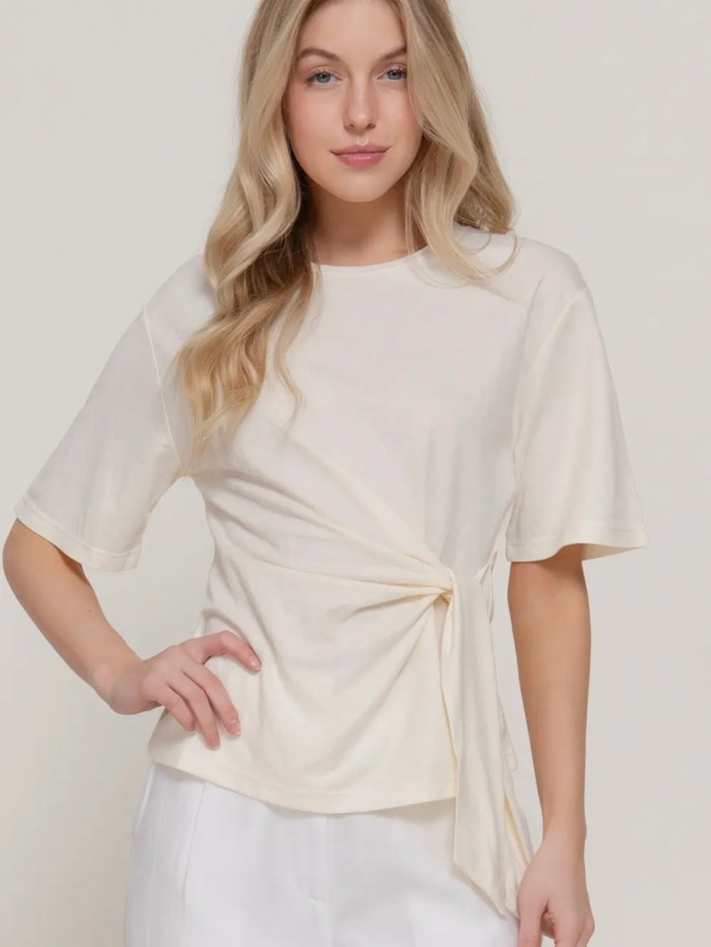 A304. Women's Side-Tie Short Sleeve Top - Cream