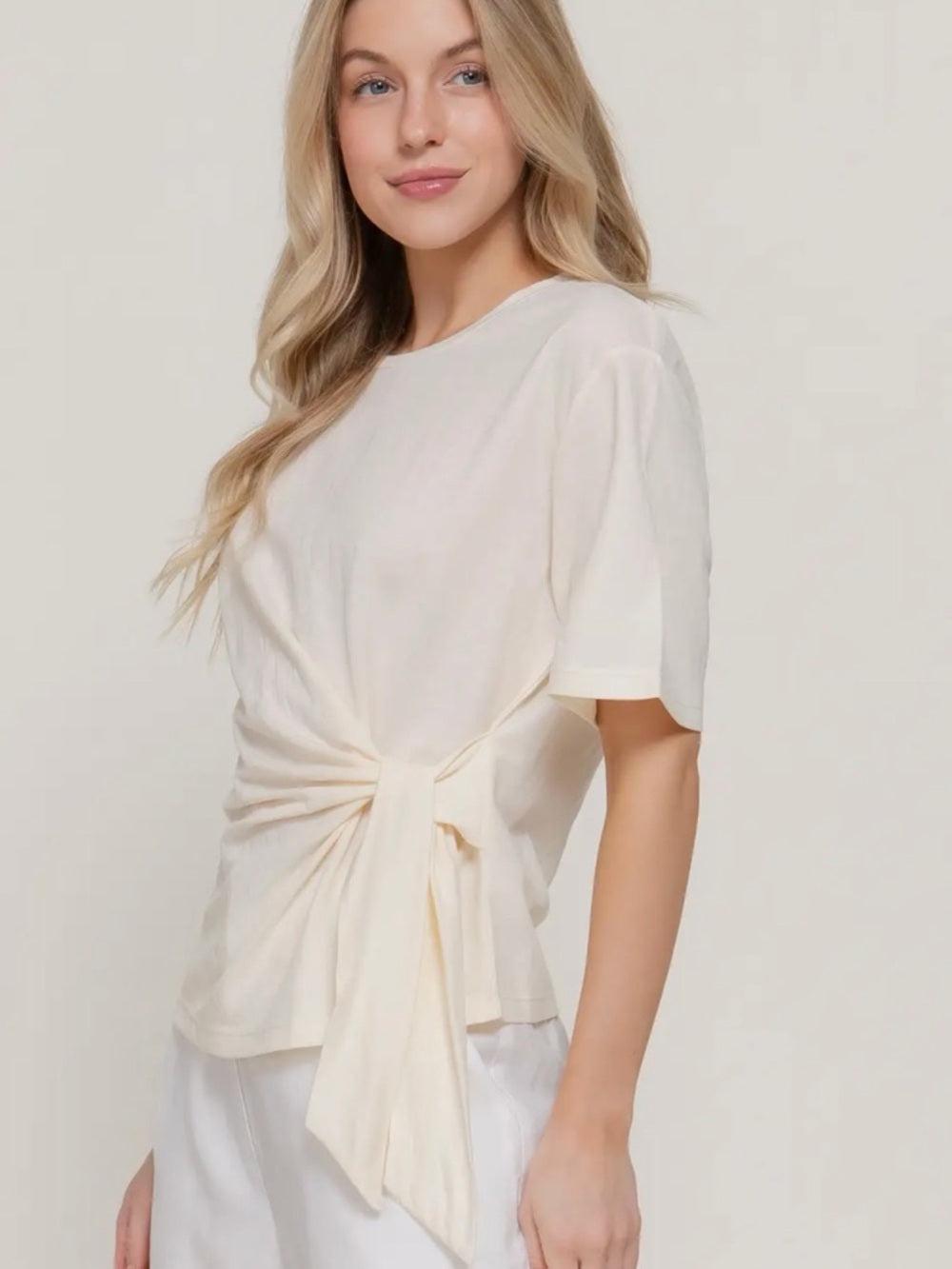 A304. Women's Side-Tie Short Sleeve Top - Cream