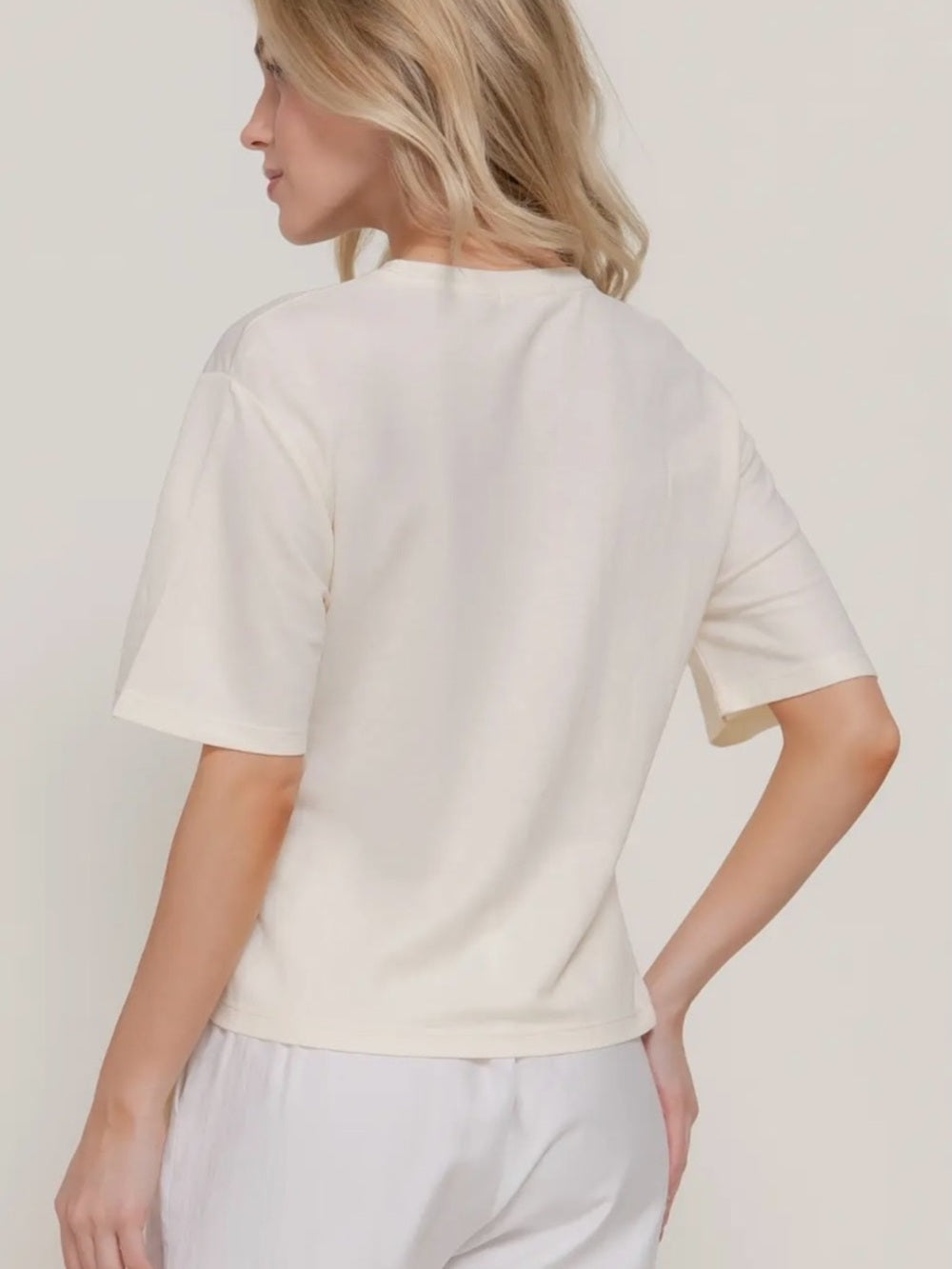 A304. Women's Side-Tie Short Sleeve Top - Cream