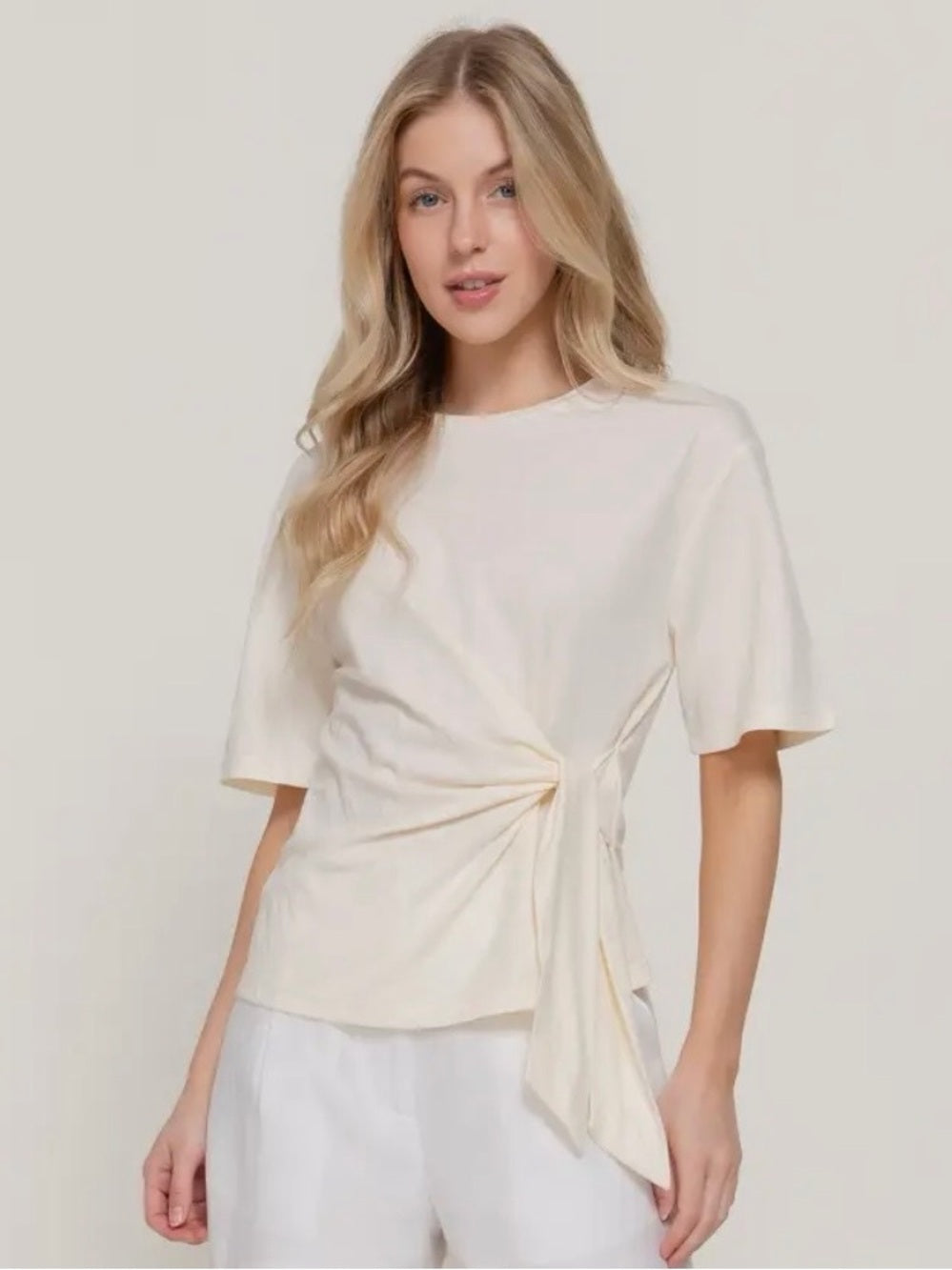 A304. Women's Side-Tie Short Sleeve Top - Cream