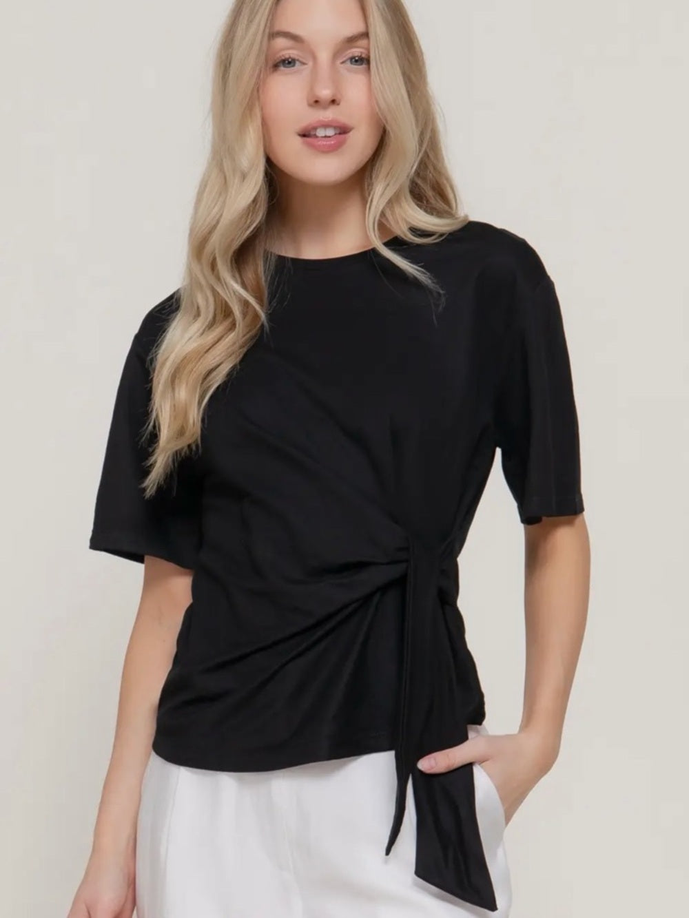 A305. Black Side-Tie Short Sleeve Top