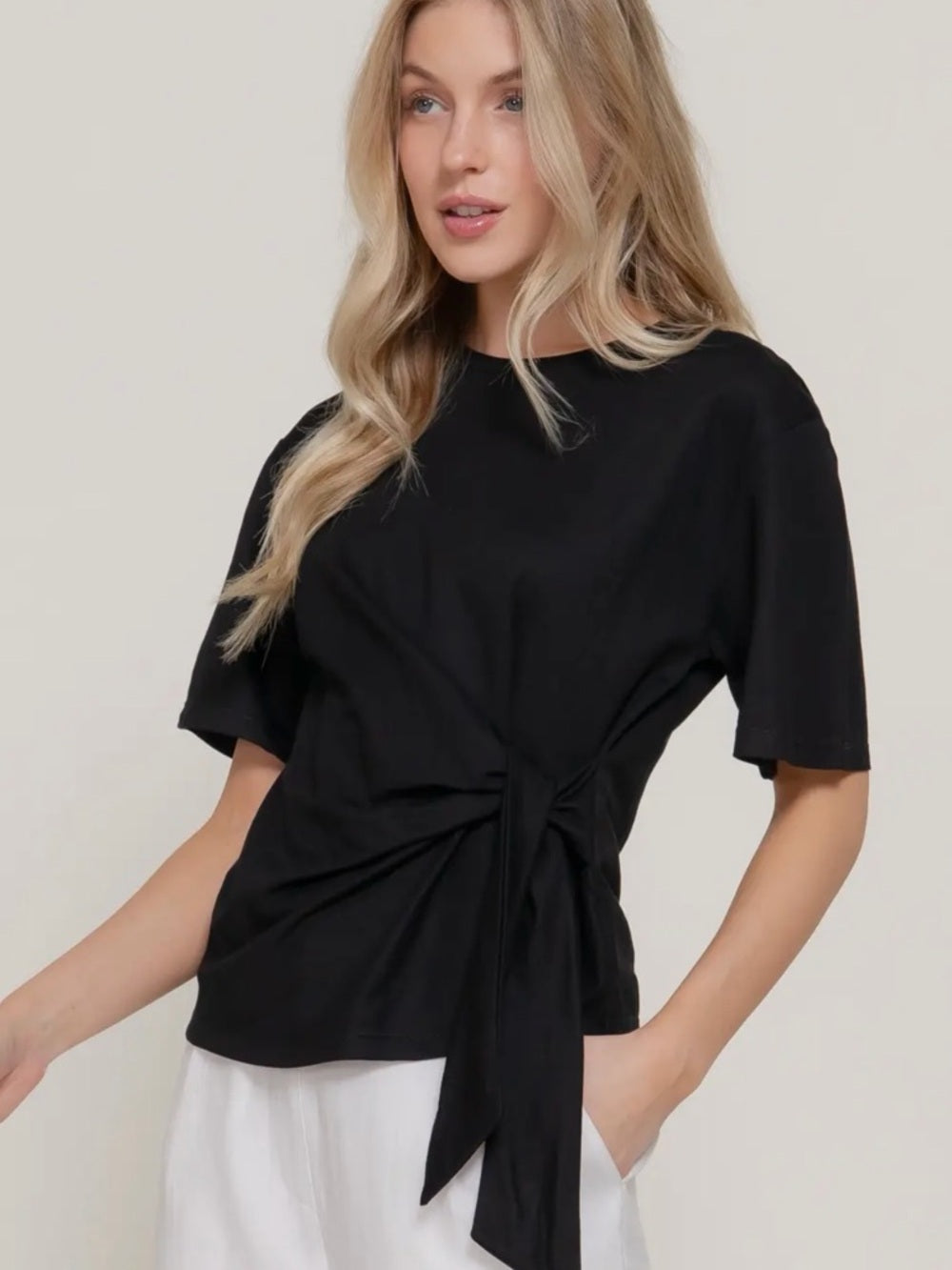 A305. Black Side-Tie Short Sleeve Top