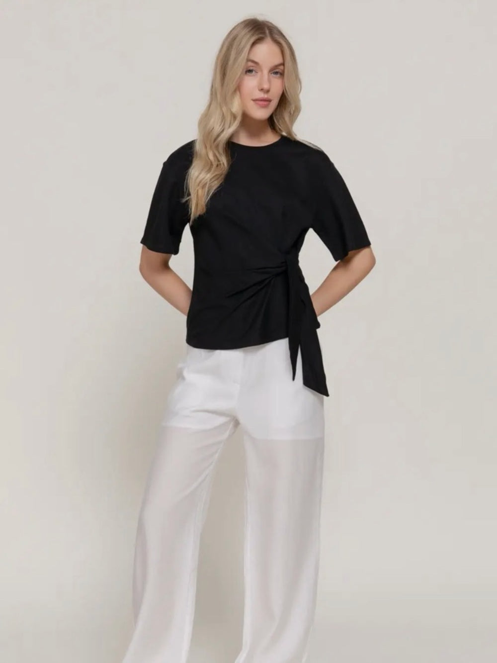 A305. Black Side-Tie Short Sleeve Top