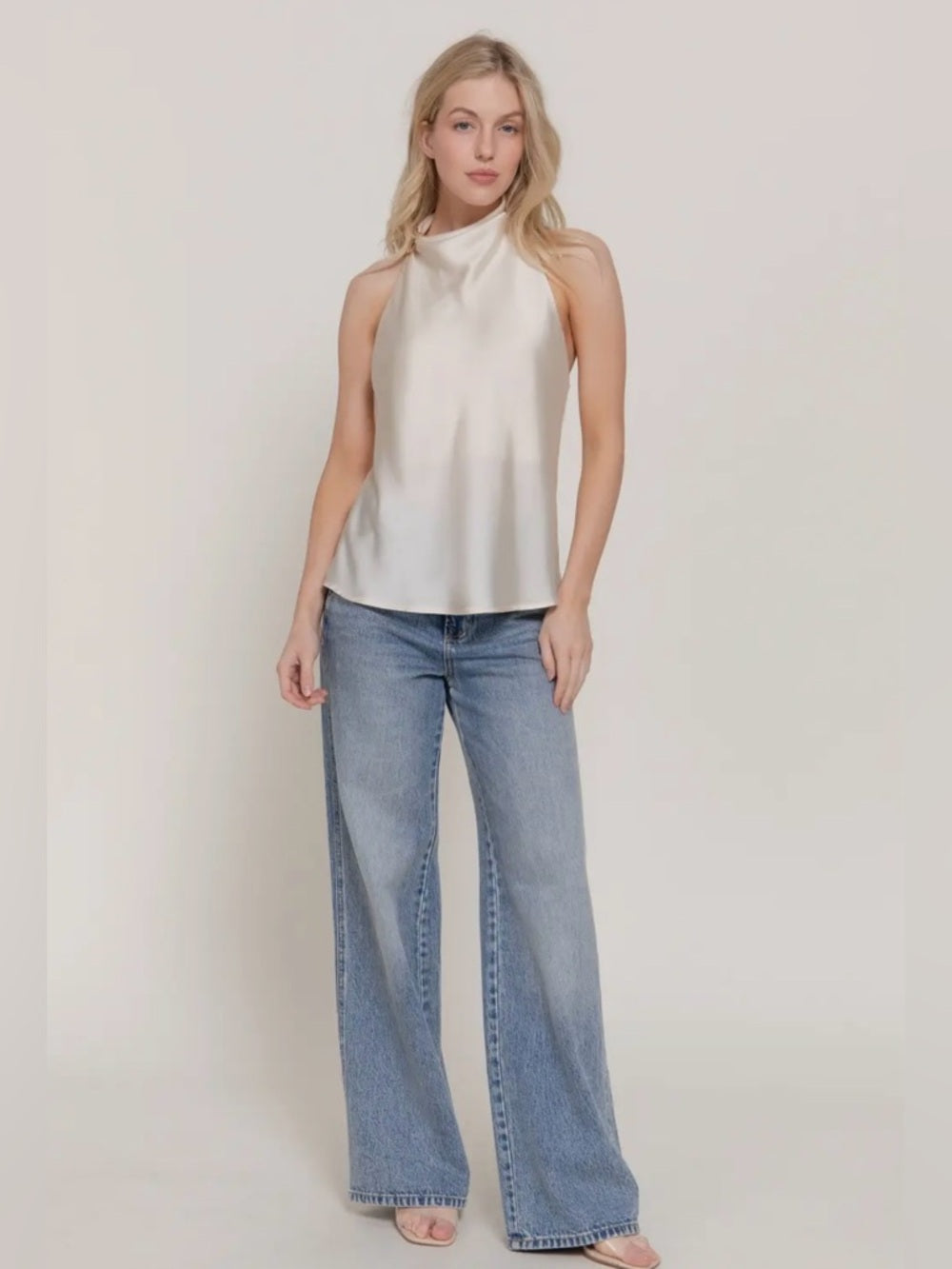 A306. Ivory Halter Satin Top with Gold Ring Accent