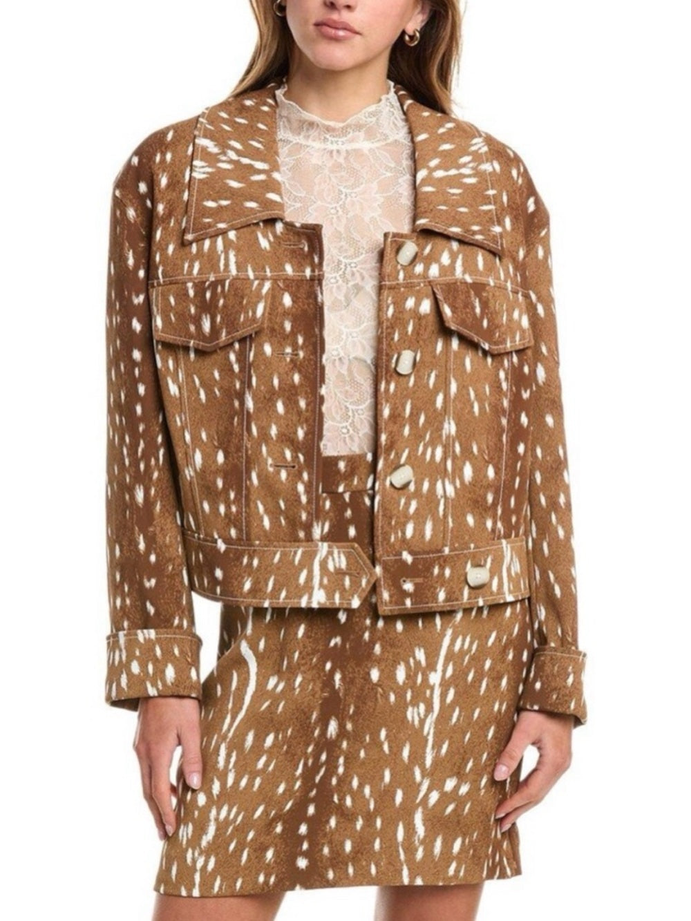 A311. STRETCH DENIM Deer Print Brown Patterned Jacket and Skirt Set
