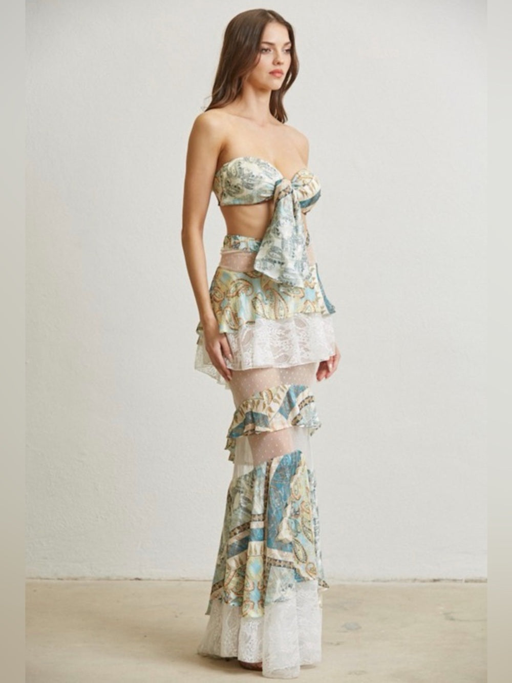 A313. Sheer Tiered Maxi Skirt set with Tie-Front Top - Blue & Cream Paisley