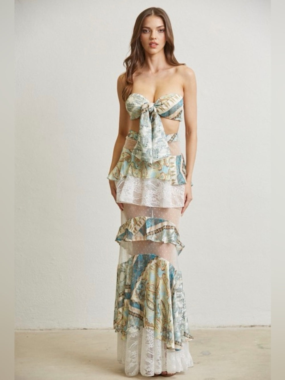A313. Sheer Tiered Maxi Skirt set with Tie-Front Top - Blue & Cream Paisley