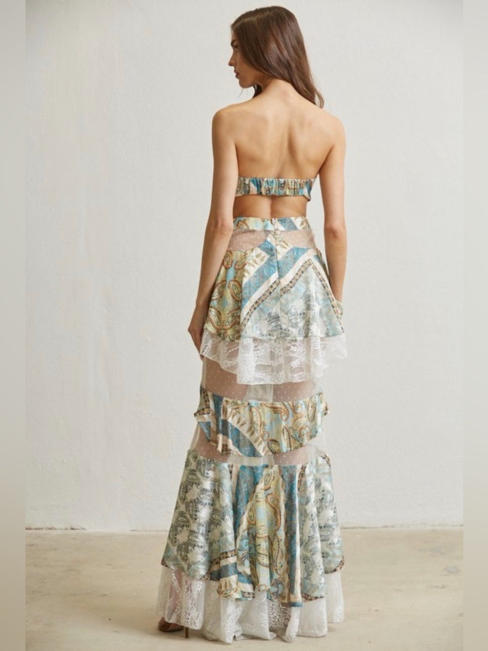 A313. Sheer Tiered Maxi Skirt set with Tie-Front Top - Blue & Cream Paisley