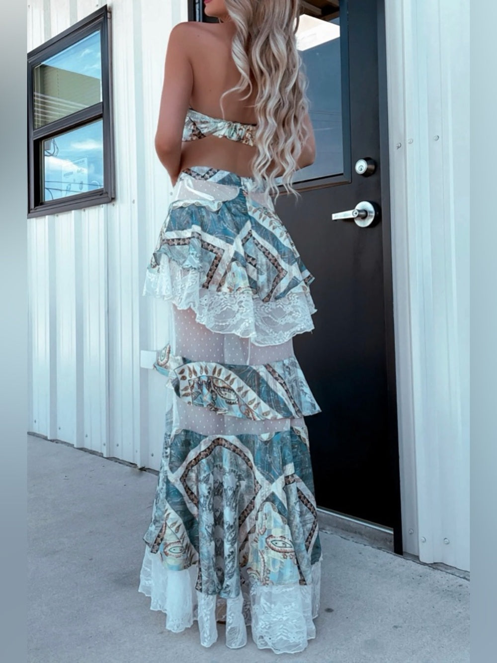 A313. Sheer Tiered Maxi Skirt set with Tie-Front Top - Blue & Cream Paisley