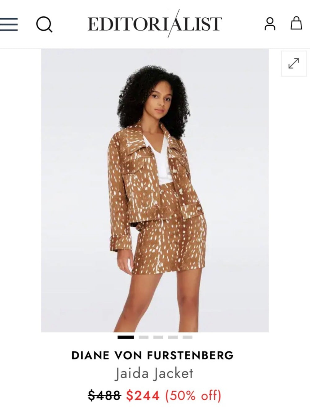 A311. STRETCH DENIM Deer Print Brown Patterned Jacket and Skirt Set
