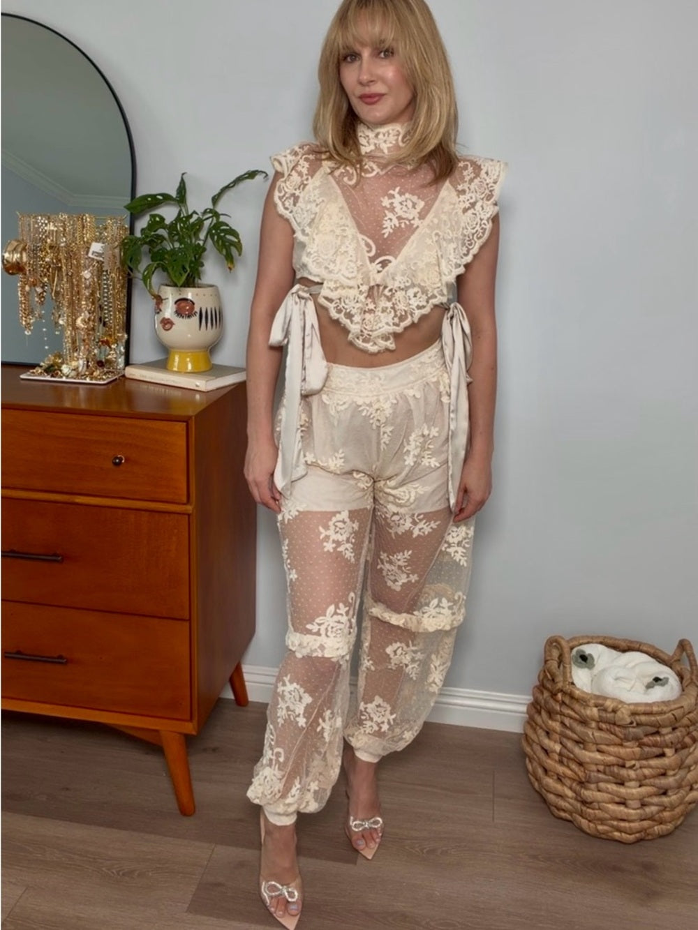 A315. Sheer Lace Two-Piece Balloon Pant & Crop Top Set in Cream