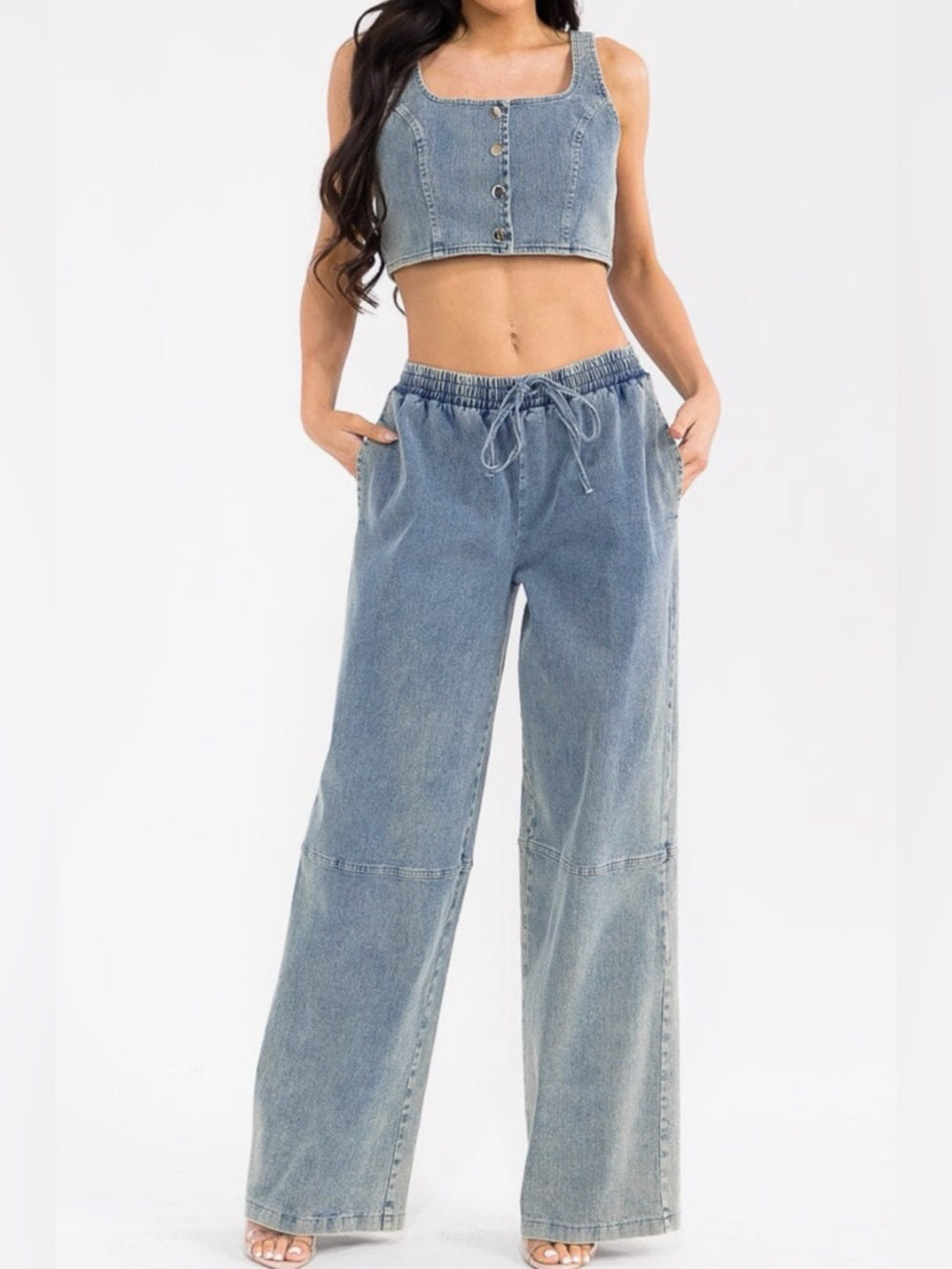 A316. Denim Two-Piece Set - Light Blue Cropped Tank & Wide Leg Pants