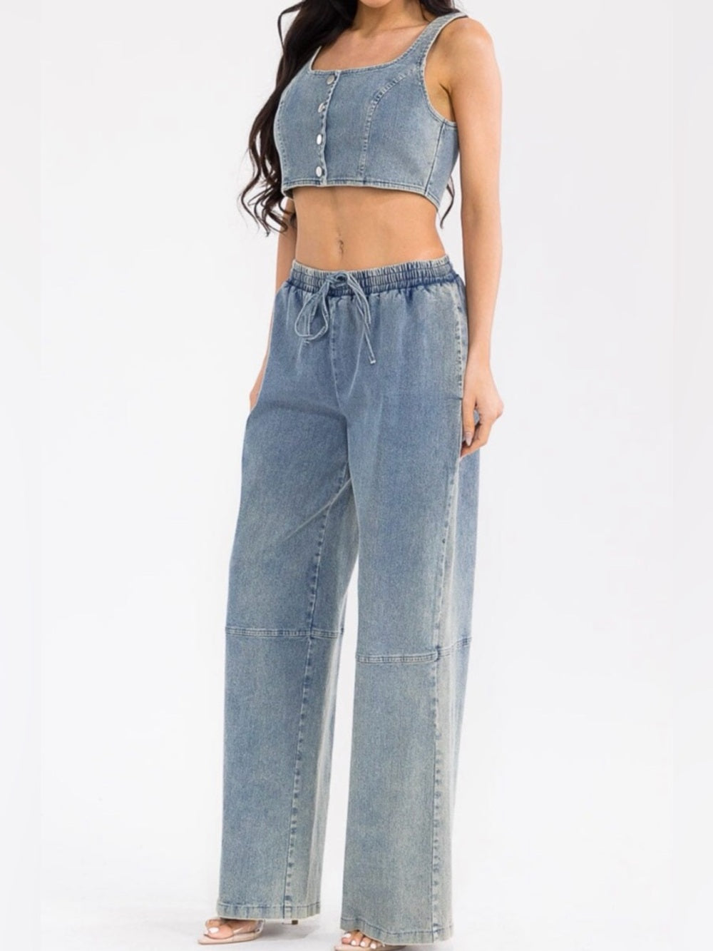 A316. Denim Two-Piece Set - Light Blue Cropped Tank & Wide Leg Pants