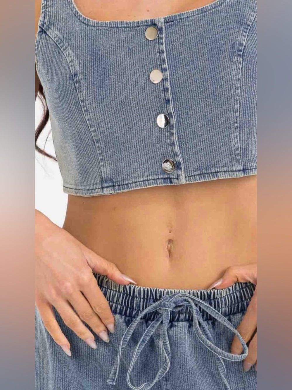 A316. Denim Two-Piece Set - Light Blue Cropped Tank & Wide Leg Pants