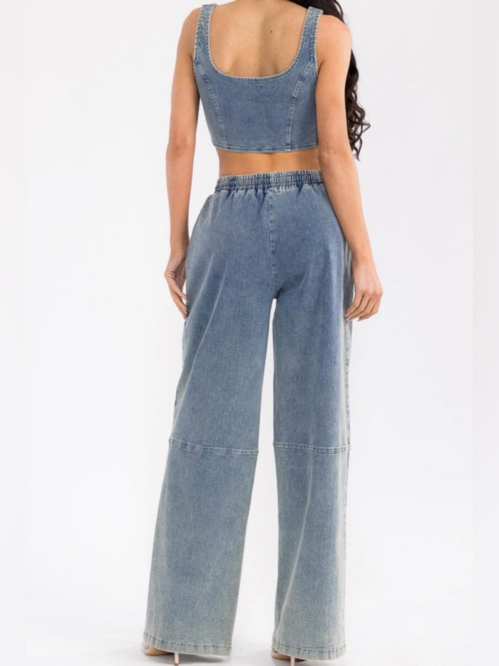 A316. Denim Two-Piece Set - Light Blue Cropped Tank & Wide Leg Pants