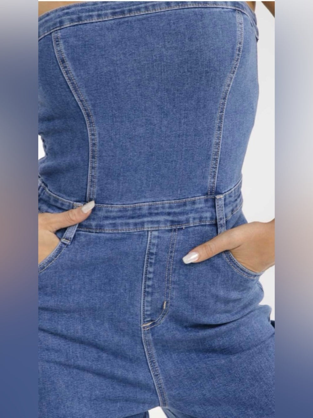 A317. Strapless Wide-Leg Blue Denim Jumpsuit with Embellished Rhinestone Hem