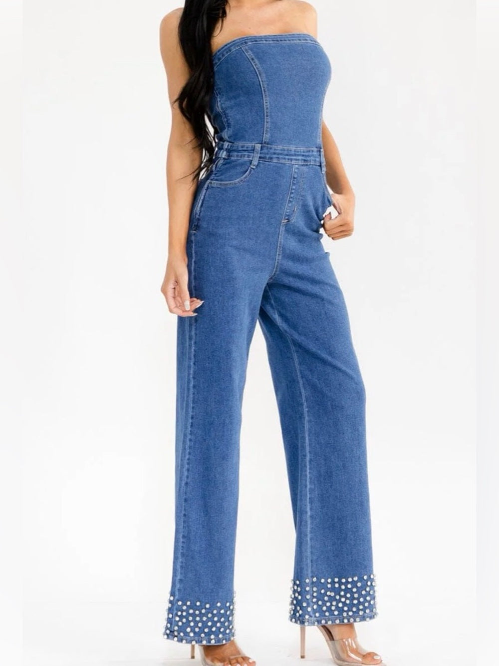 A317. Strapless Wide-Leg Blue Denim Jumpsuit with Embellished Rhinestone Hem