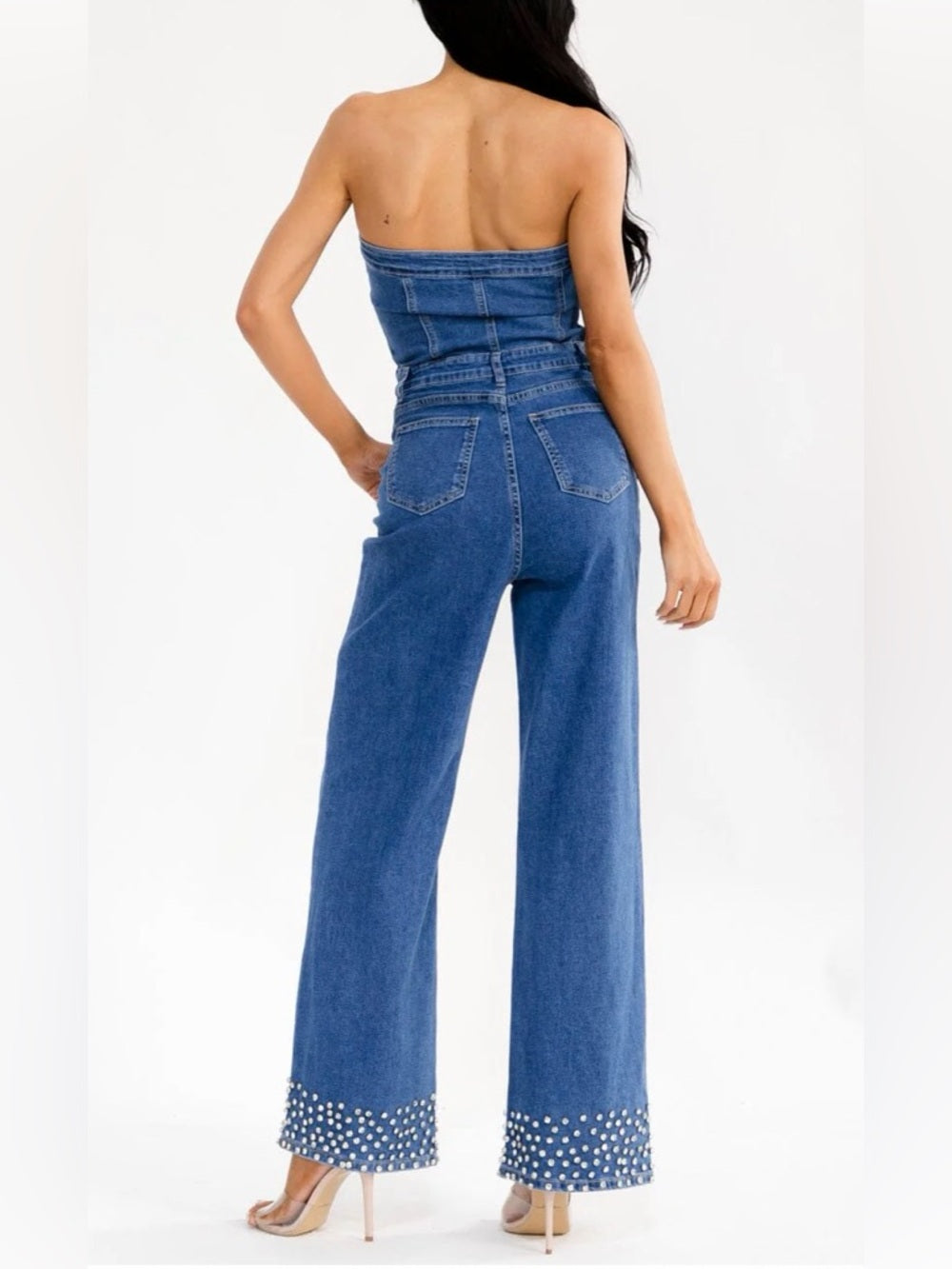 A317. Strapless Wide-Leg Blue Denim Jumpsuit with Embellished Rhinestone Hem
