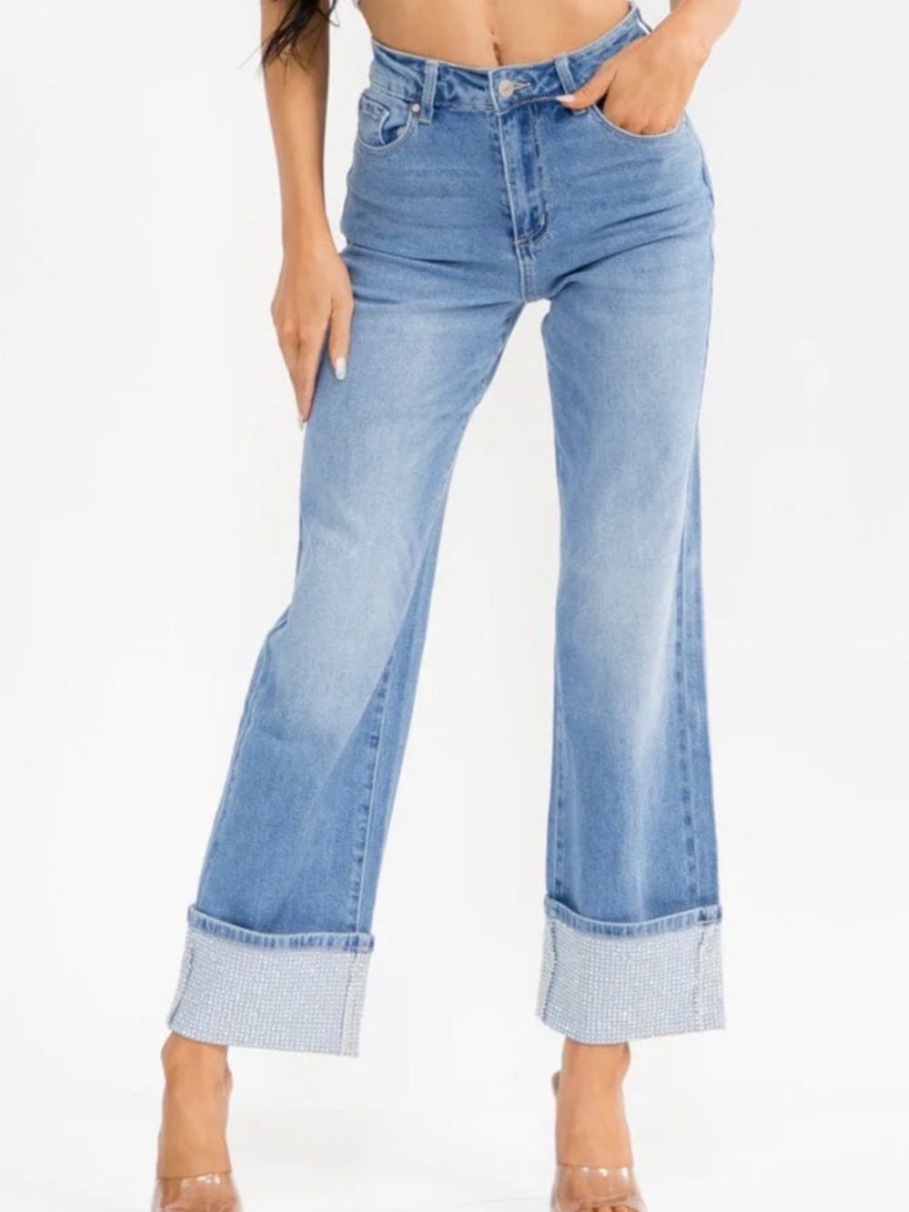 A318. Light Blue Wide Leg Rhinestone Cuffed Jeans