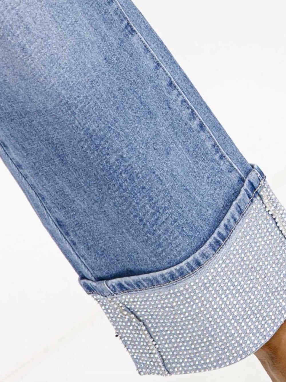 A318. Light Blue Wide Leg Rhinestone Cuffed Jeans