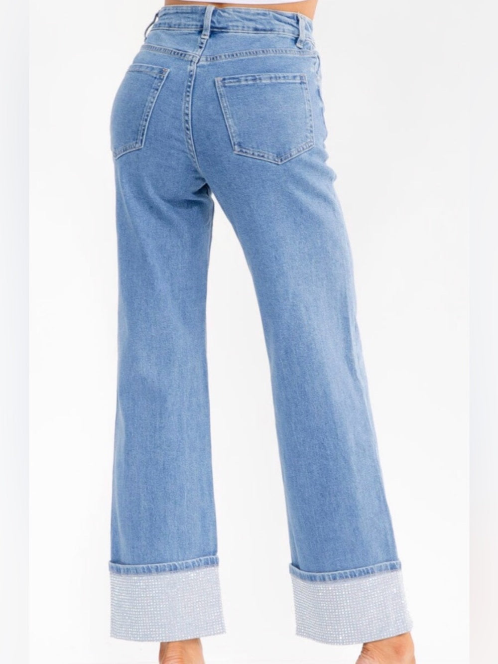 A318. Light Blue Wide Leg Rhinestone Cuffed Jeans