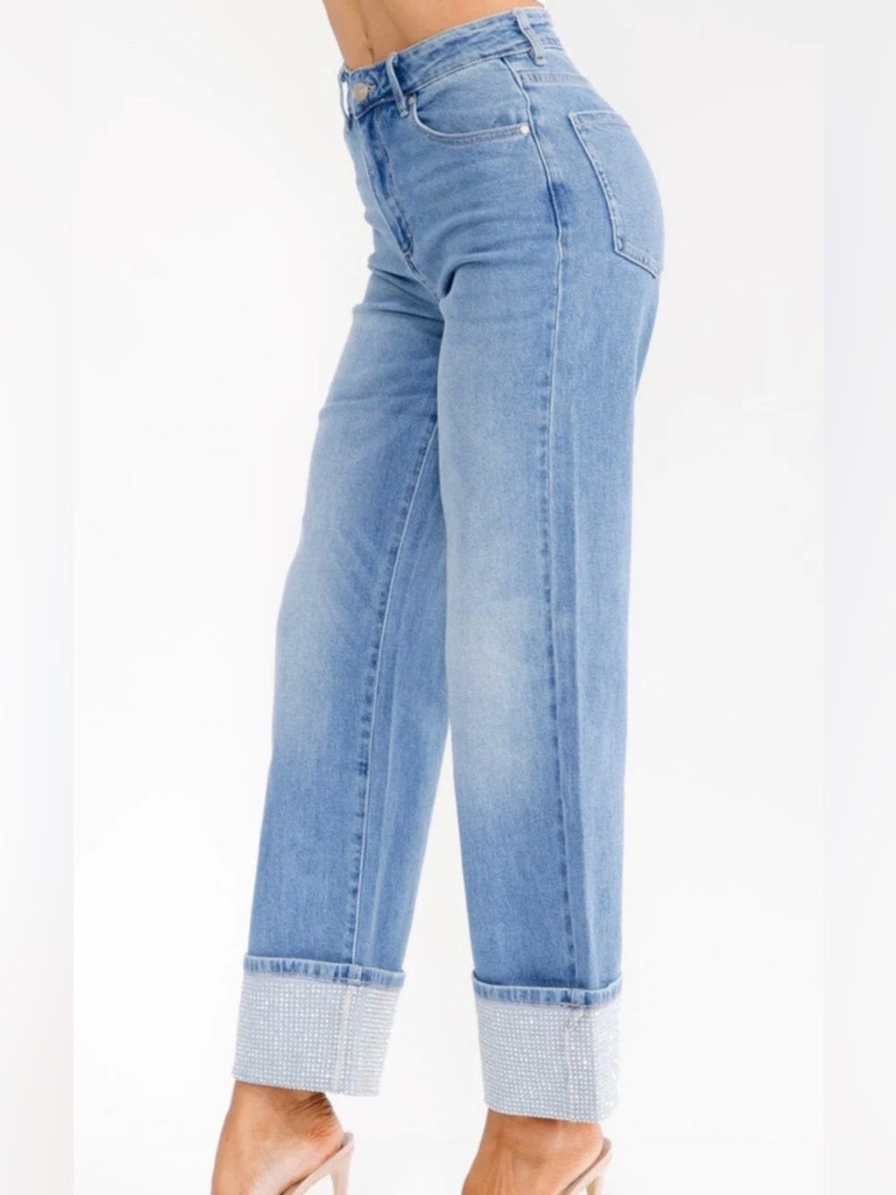 A318. Light Blue Wide Leg Rhinestone Cuffed Jeans