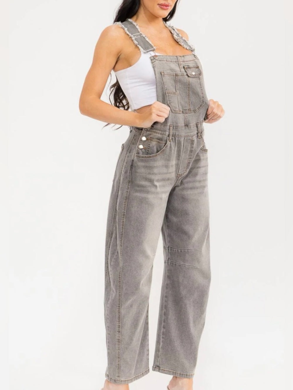 A318. Gray Denim Barrel Overalls - Casual Relaxed Fit