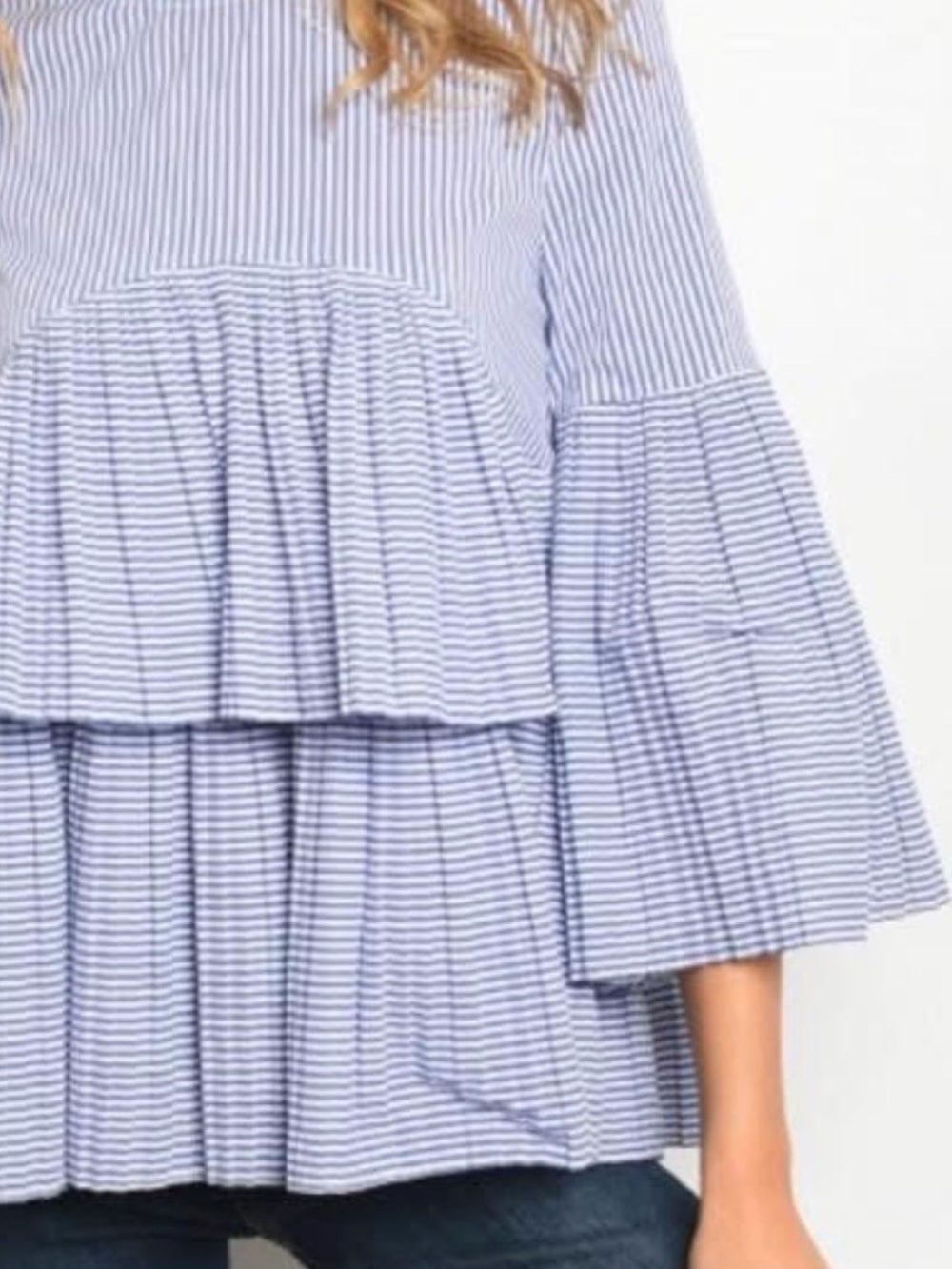 A323. Blue & White Striped Tiered Ruffle Blouse