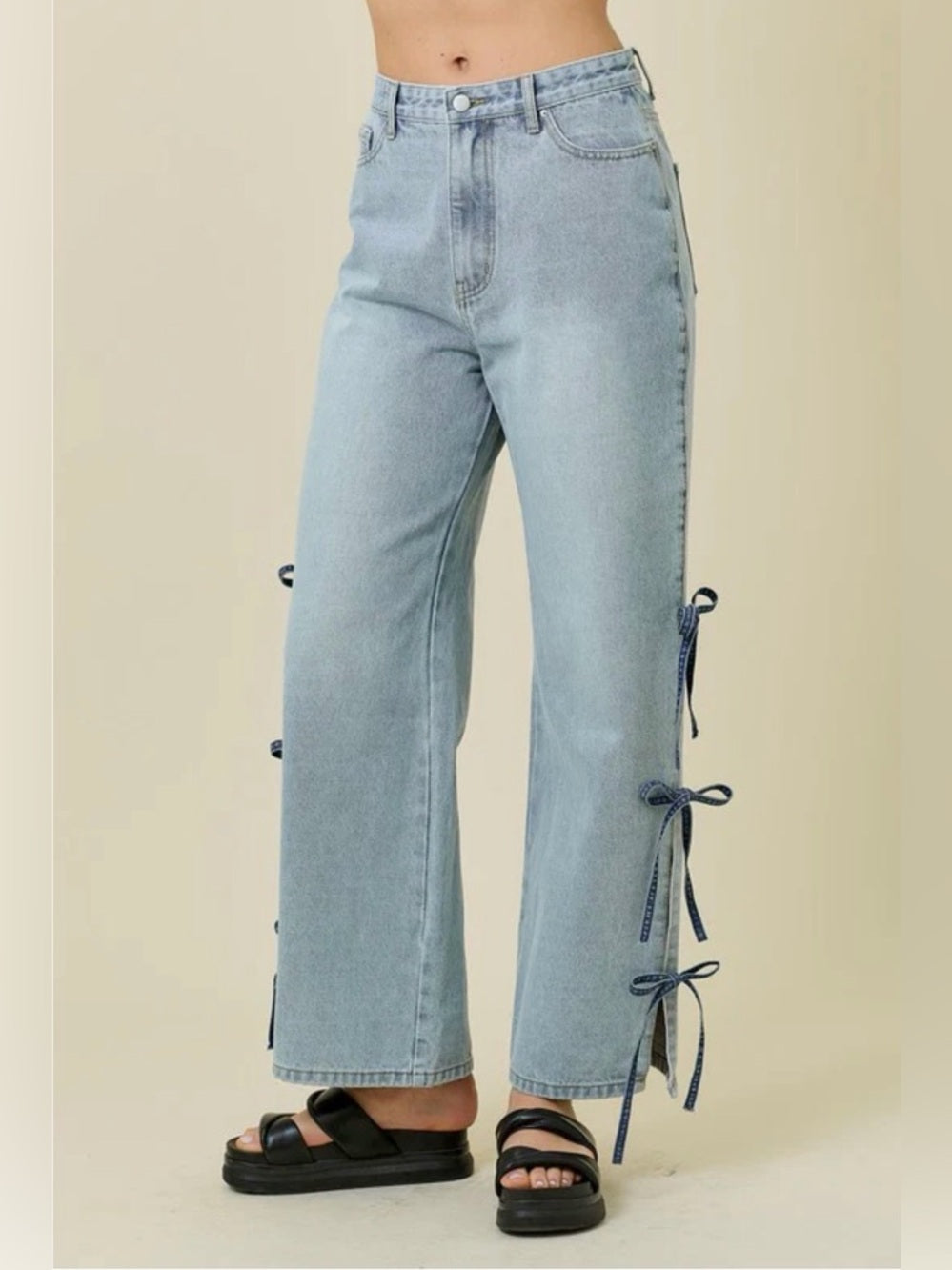 Light Wash Tie-Side Wide Leg Jeans - Women