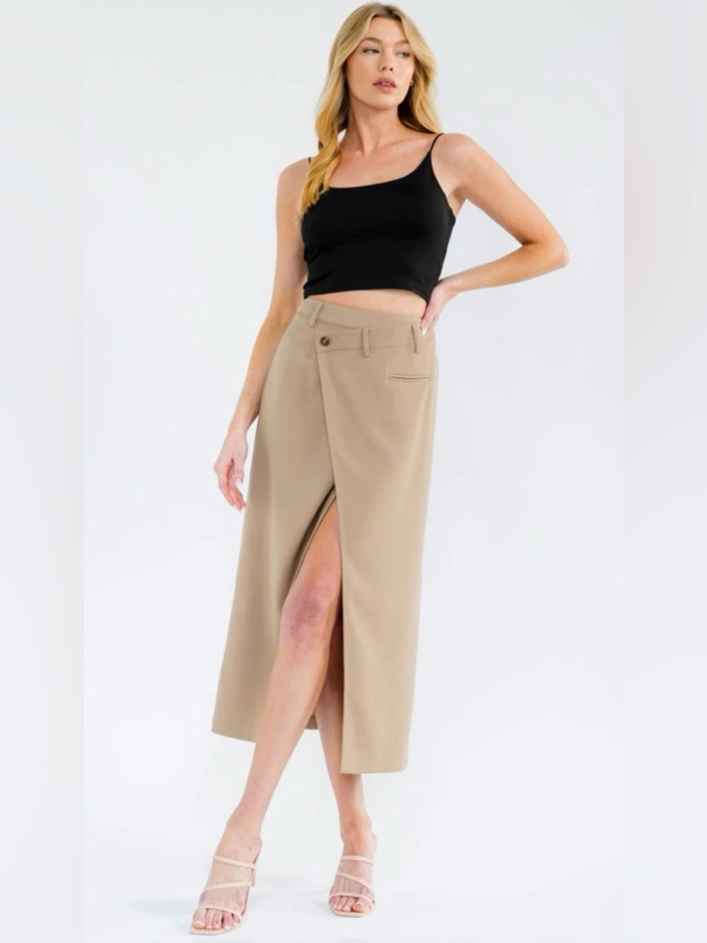 ✨A327. High-Waist Beige Midi Skirt with Asymmetrical Front Slit