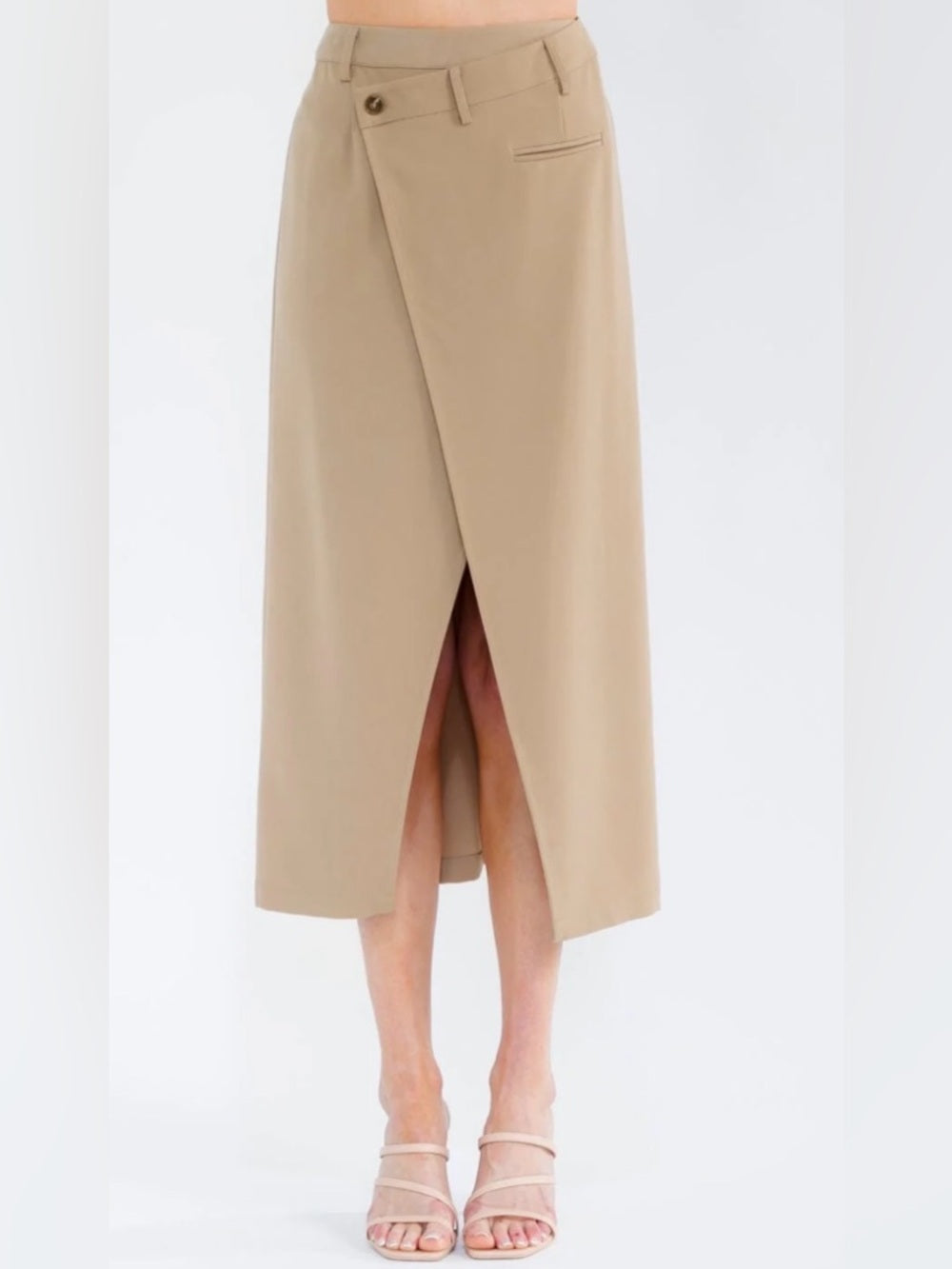 ✨A327. High-Waist Beige Midi Skirt with Asymmetrical Front Slit