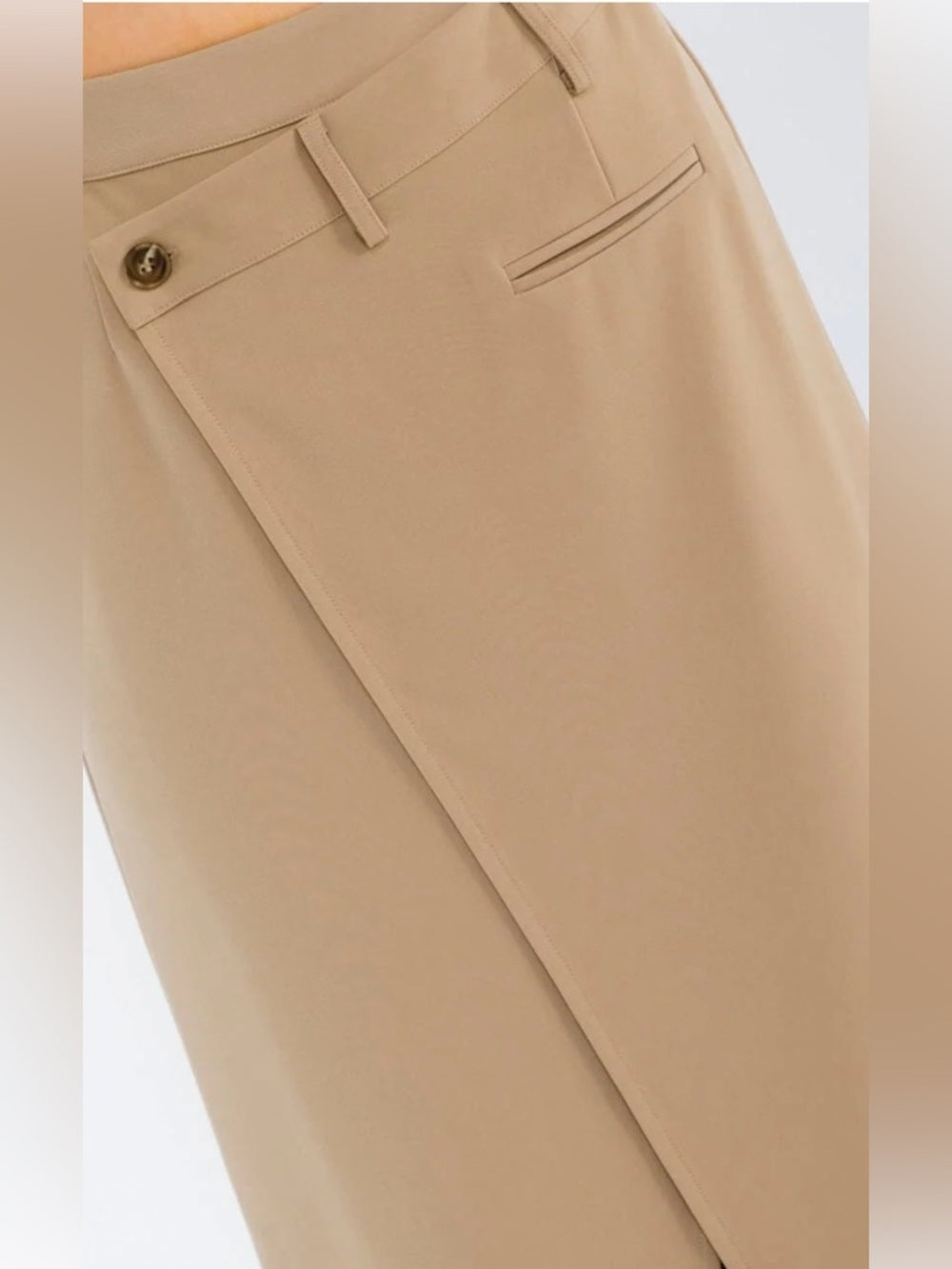 ✨A327. High-Waist Beige Midi Skirt with Asymmetrical Front Slit