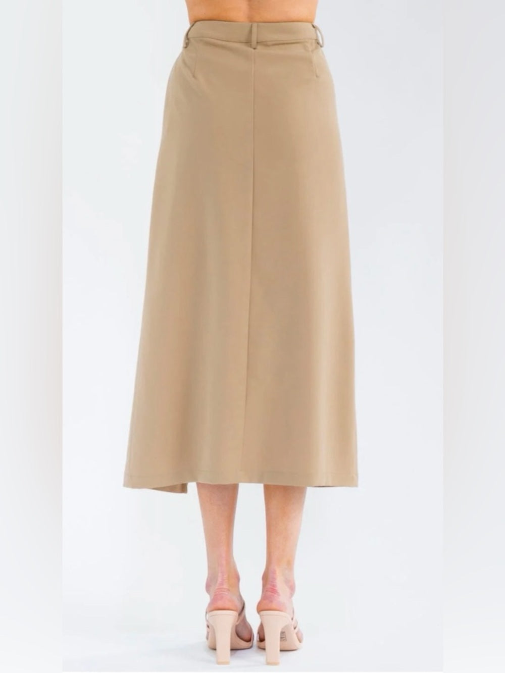 ✨A327. High-Waist Beige Midi Skirt with Asymmetrical Front Slit