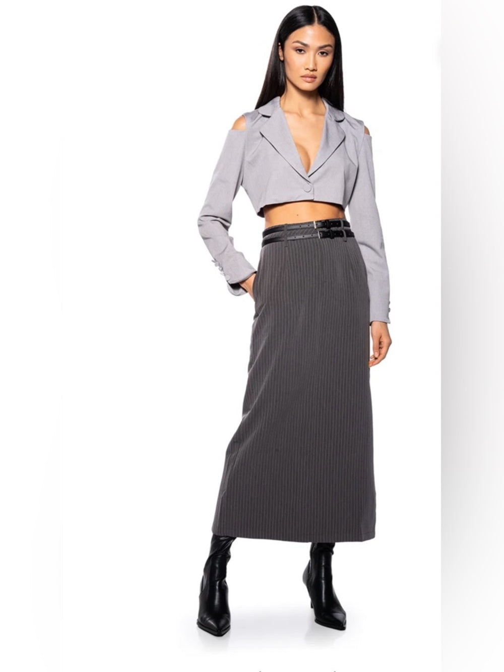 ✨A328. Double Belt High-Waist Charcoal Pinstripe Maxi Skirt
