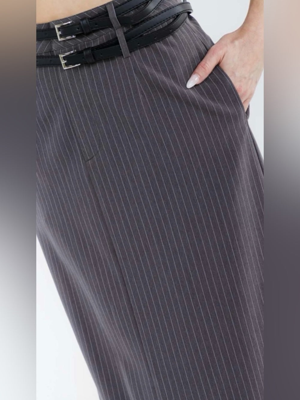 ✨A328. Double Belt High-Waist Charcoal Pinstripe Maxi Skirt