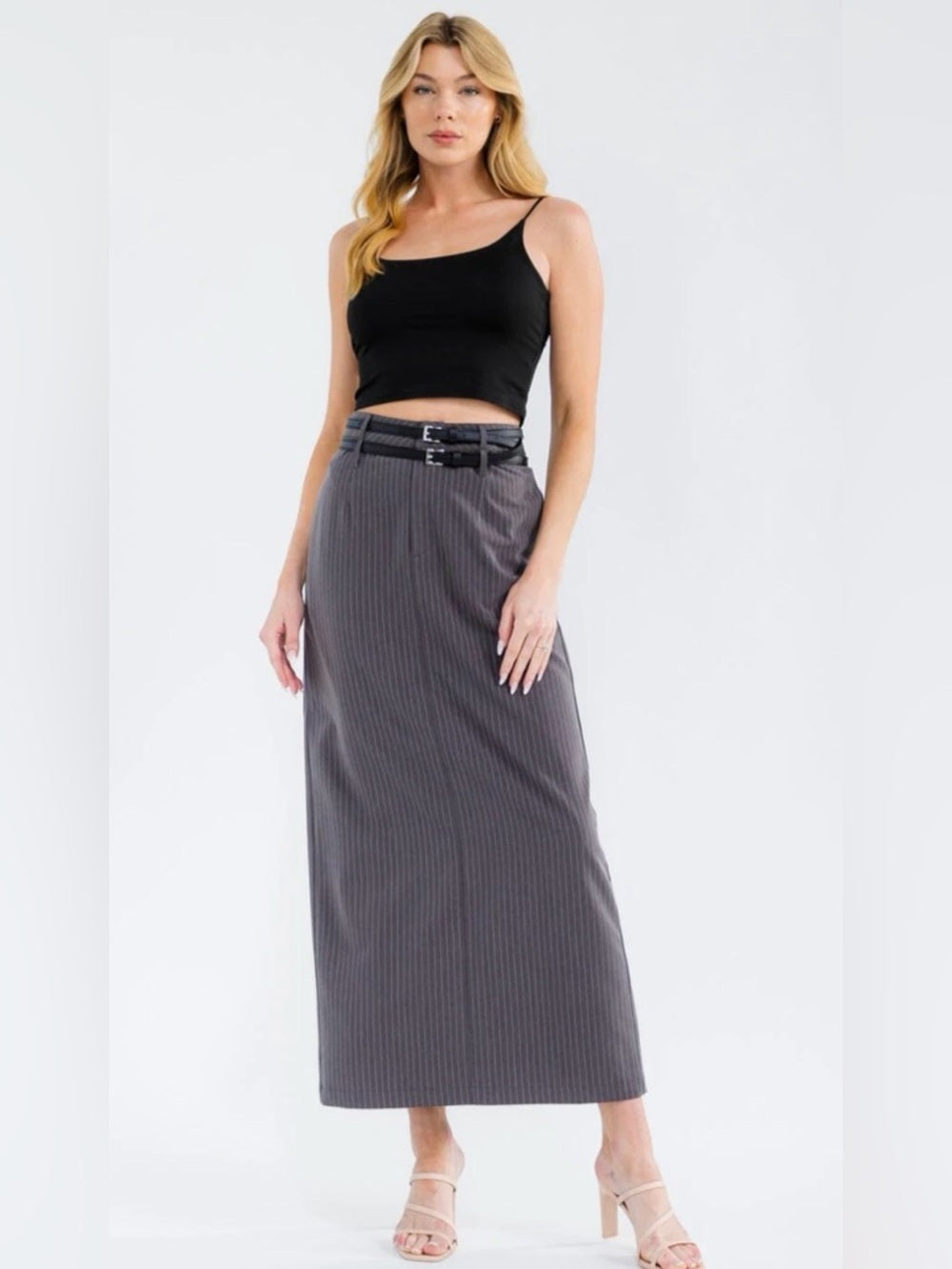 ✨A328. Double Belt High-Waist Charcoal Pinstripe Maxi Skirt