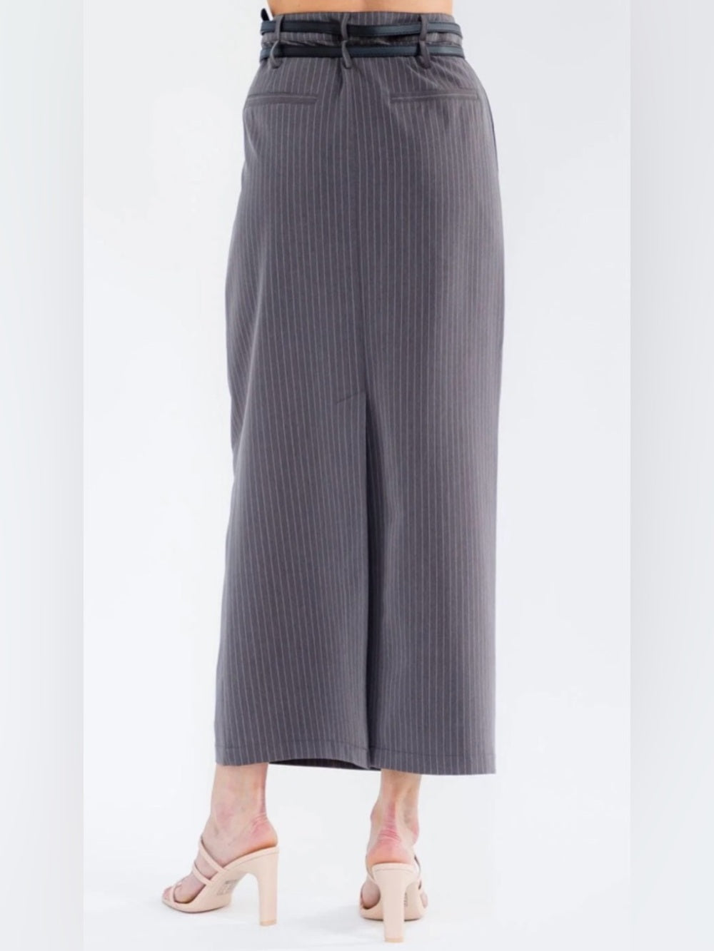✨A328. Double Belt High-Waist Charcoal Pinstripe Maxi Skirt