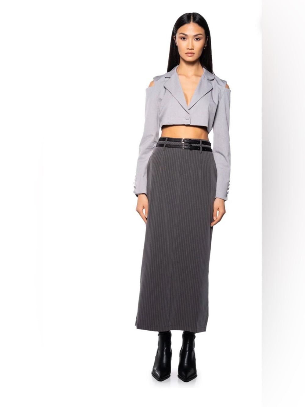 ✨A328. Double Belt High-Waist Charcoal Pinstripe Maxi Skirt