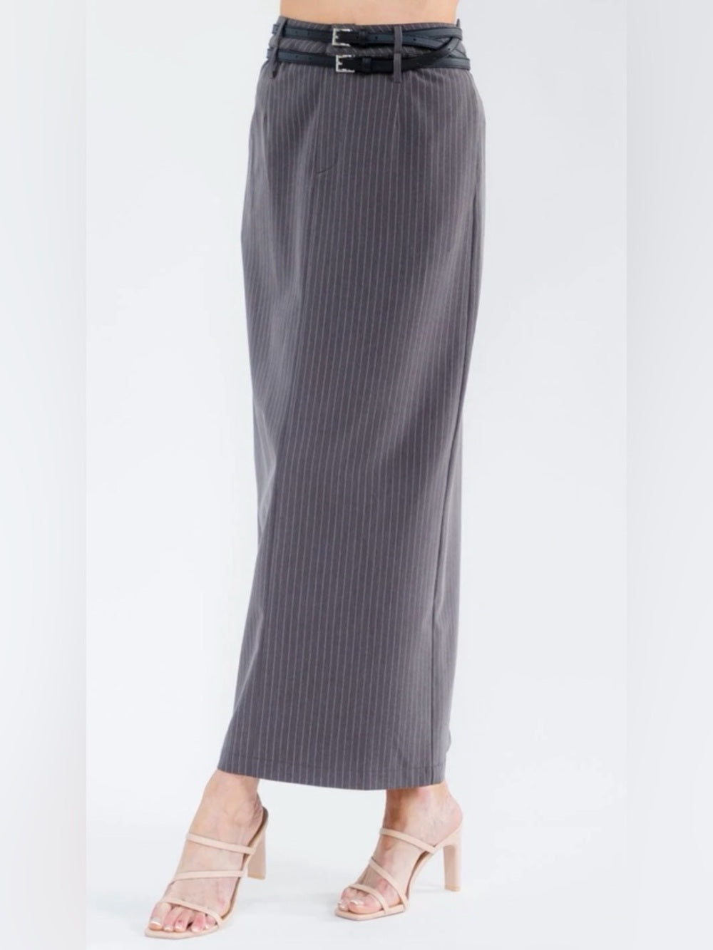 ✨A328. Double Belt High-Waist Charcoal Pinstripe Maxi Skirt